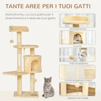 Albero Tiragraffi per Gatti in Legno a 4 Livelli con Cuccia, Giocattoli, Pallina e Corda, Altezza 114 cm
