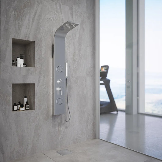 Pannello doccia curvo in acciaio cromato con doccino, 3 funzioni |  Spa