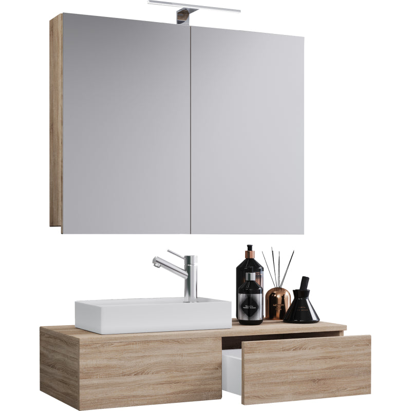 Spazio di Ezooza  Mobile Sospeso con lavabo in ceramica di alta qualità ed armadietto a specchio, Rovere Sonoma ,