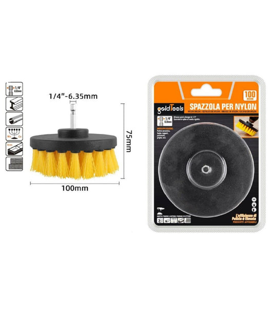Spazzola In Nylon 100mm Attacco 1/4" Rotante Trapano Elettrico Per Pulizia 57239         