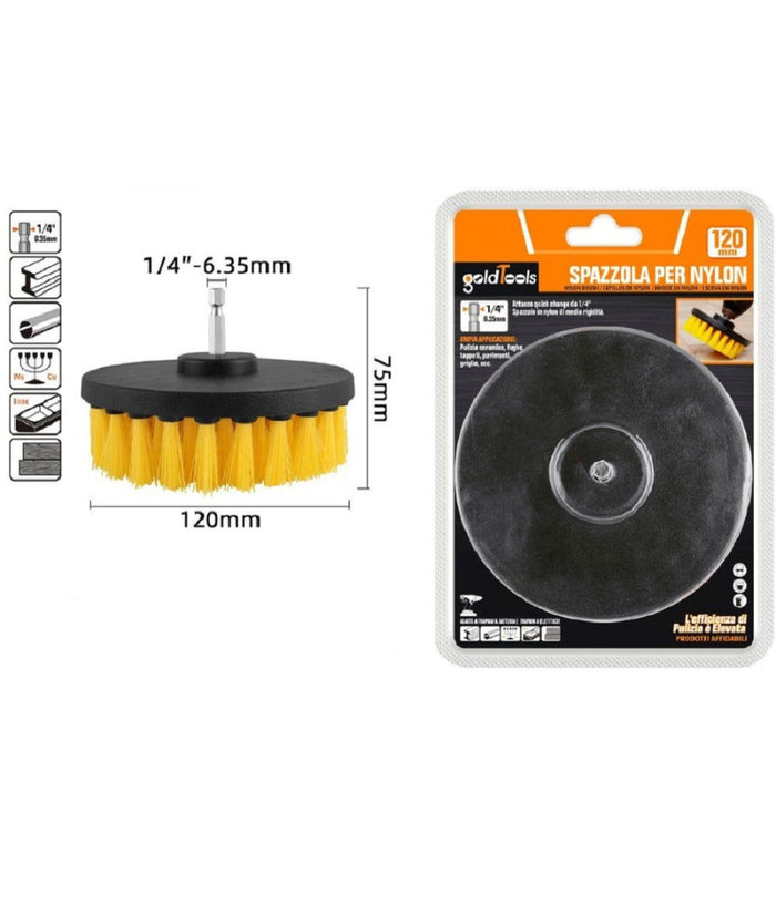 Spazzola In Nylon 120mm Attacco 1/4" Rotante Trapano Elettrico Per Pulizia 57240         