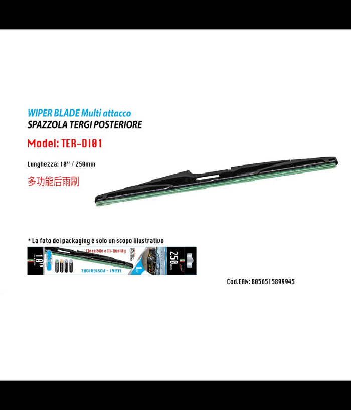 Spazzola Tergi Posteriore Universale 10" / 250mm 10 Adattatori Ricambio Per Auto         