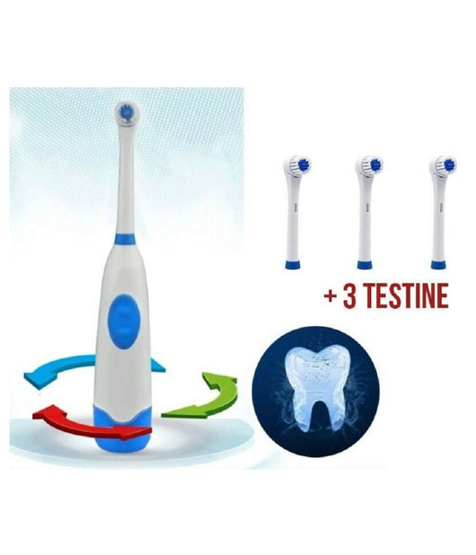 Spazzolino Elettrico Denti Testa Rotante Con 3 Testine Batteria Base Igiene         