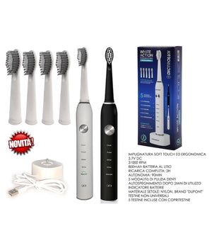 Spazzolino Elettrico Ricaricabile A Batteria 5 Modalità  Di Pulizia Denti Testine         