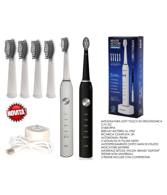 Spazzolino Elettrico Ricaricabile A Batteria 5 Modalità  Di Pulizia Denti Testine         
