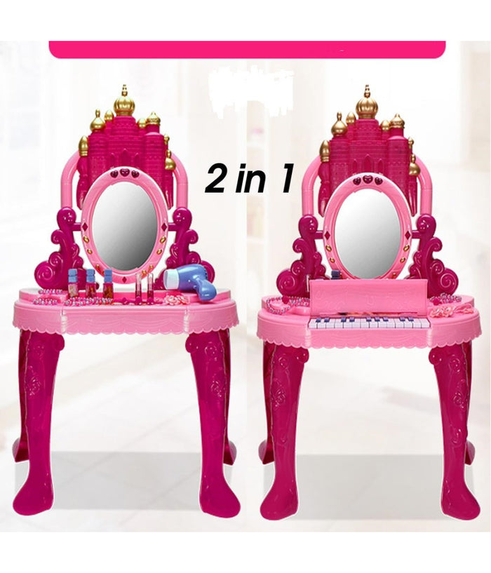 Specchiera Make Up Per Bambina Con Luci Suoni Tastiera Pianola E Sgabello 2in1         