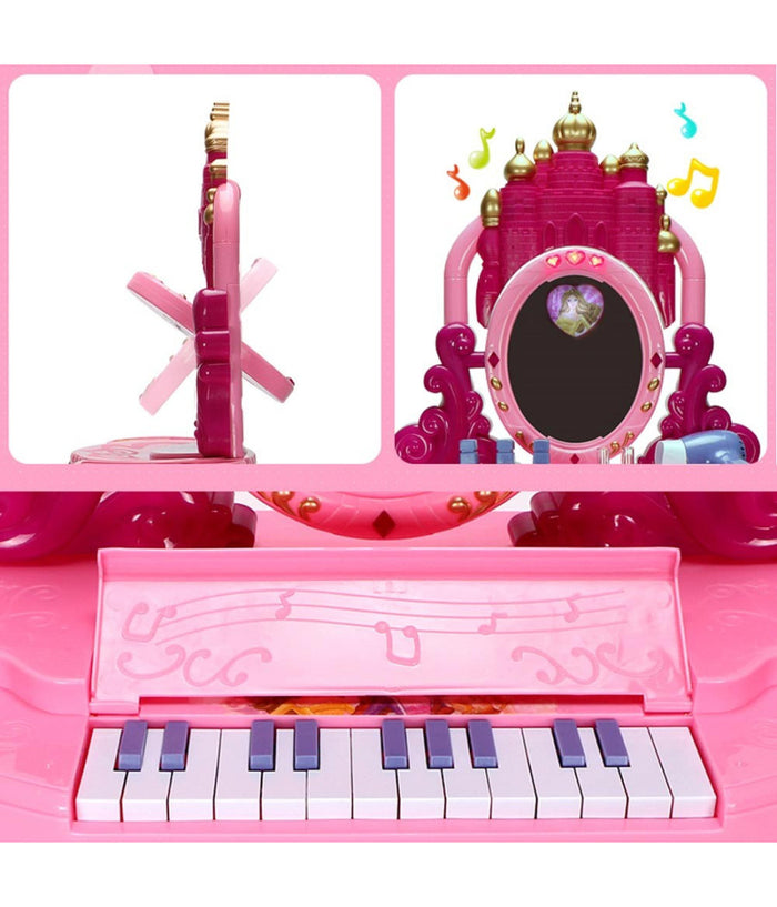 Specchiera Make Up Per Bambina Con Luci Suoni Tastiera Pianola E Sgabello 2in1         