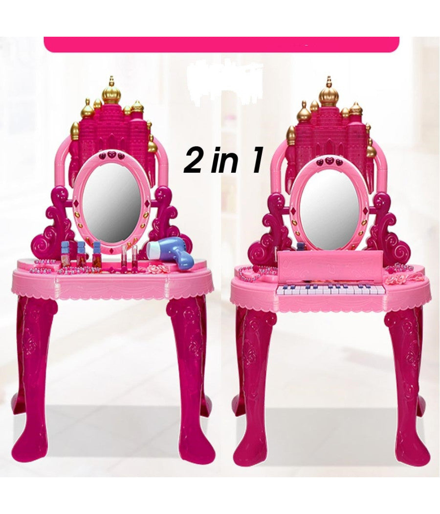 Specchiera Make Up Per Bambina Con Luci Suoni Tastiera Pianola E Sgabello 2in1         