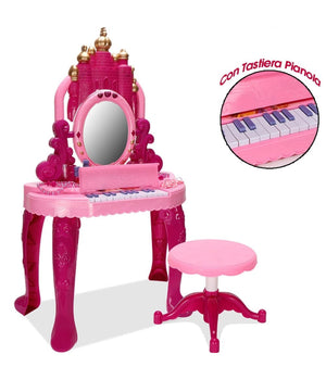 Specchiera Make Up Per Bambina Con Luci Suoni Tastiera Pianola E Sgabello 2in1         