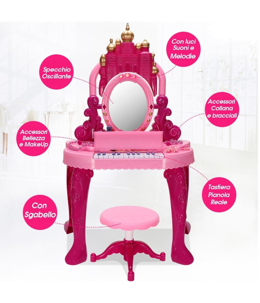 Specchiera Make Up Per Bambina Con Luci Suoni Tastiera Pianola E Sgabello 2in1         