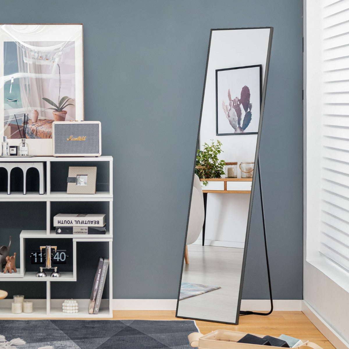 Specchiera rettangolare con vetro antisfondamento cornice in lega di alluminio, Specchio da terra o parete Nero-Specchi da terra