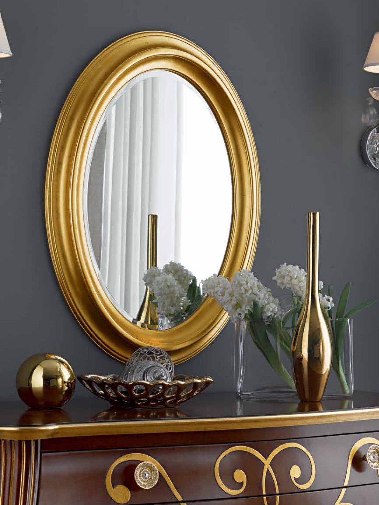 Mobili2g - specchiera in foglia oro ovale- misure: l.68 x h.88 x p.5