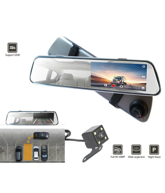 Specchietto Retrovisore Touch Dvr 4.39" Full Hd Tf Camera Anteriore Posteriore         