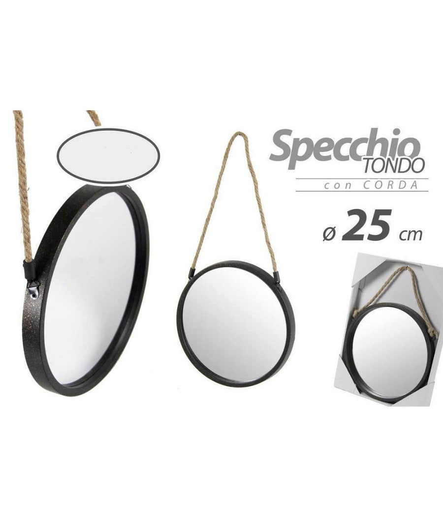 Specchio 25 Cm Con Corda Specchiera Parete Tondo Moderno Nero In Metallo 777042         