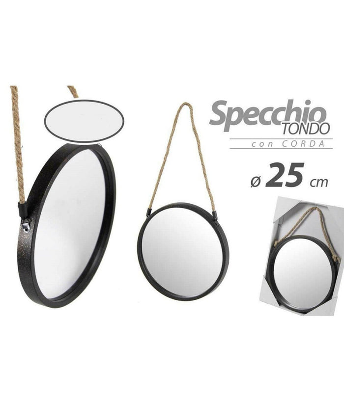 Specchio 25 Cm Con Corda Specchiera Parete Tondo Moderno Nero In Metallo 777042         