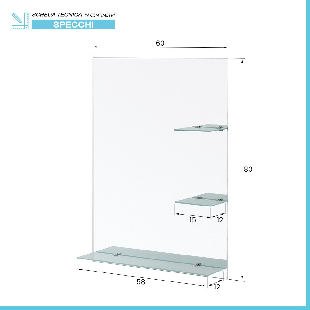 Specchio bagno 60x80 cm a filo lucido con mensole in vetro satinato