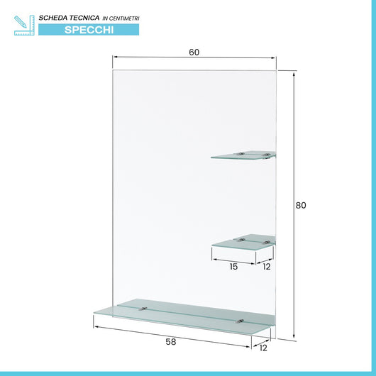 Specchio bagno 60x80 cm a filo lucido con mensole in vetro satinato