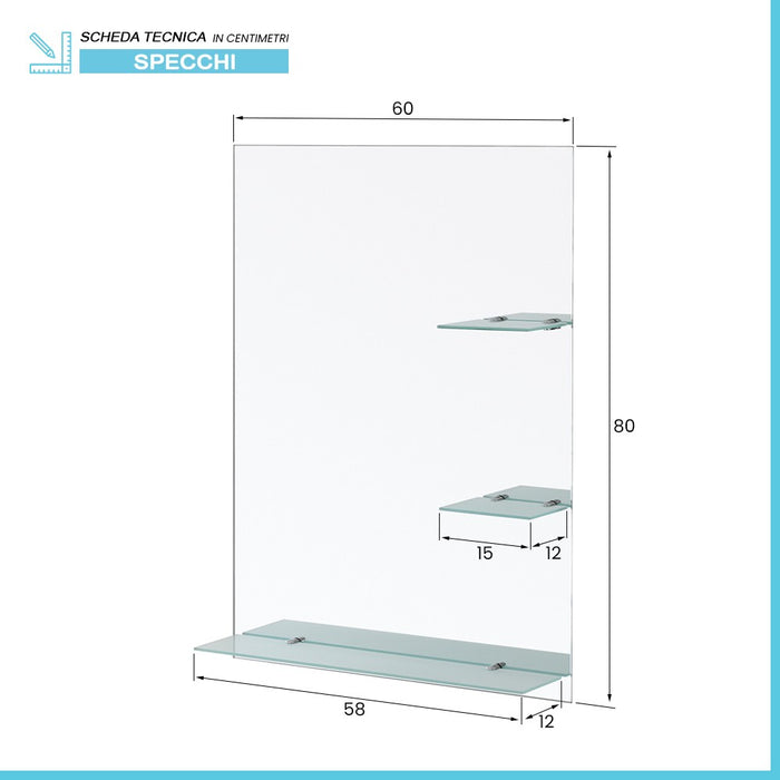 Specchio bagno 60x80 cm a filo lucido con mensole in vetro satinato
