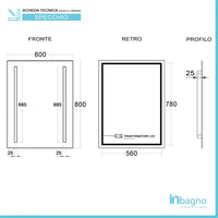 Specchio bagno 60x80 cm con LED laterali e installazione reversibile