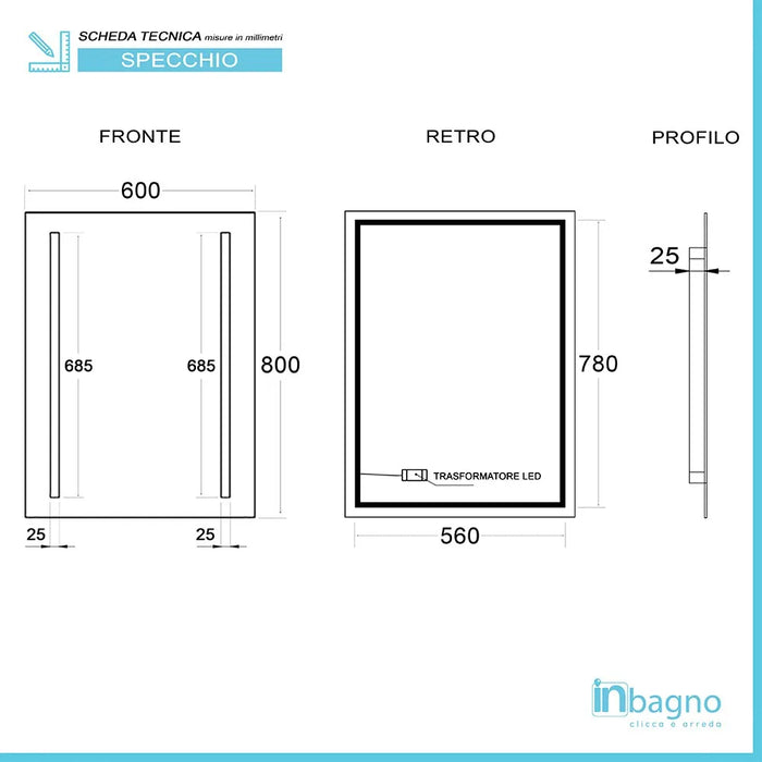Specchio bagno 60x80 cm con LED laterali e installazione reversibile