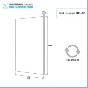 Specchio bagno 70x100 cm installazione reversibile e fissaggi inclusi