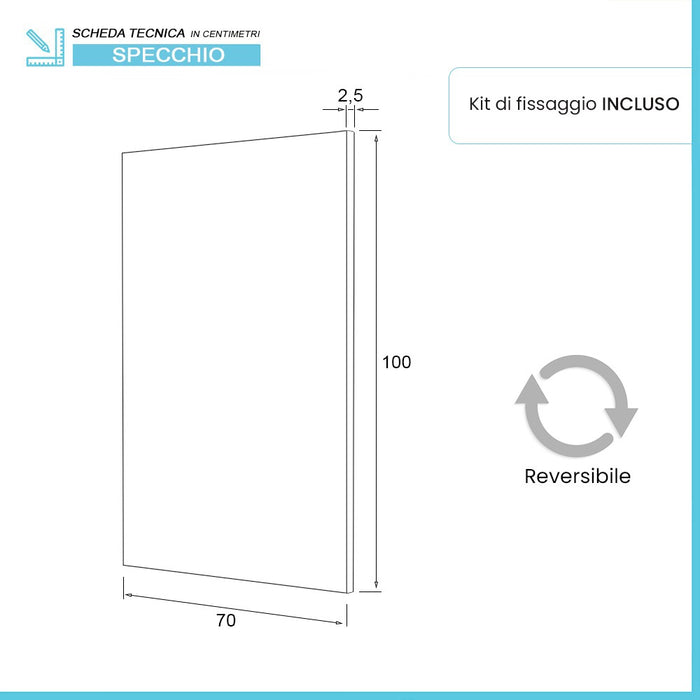 Specchio bagno 70x100 cm installazione reversibile e fissaggi inclusi