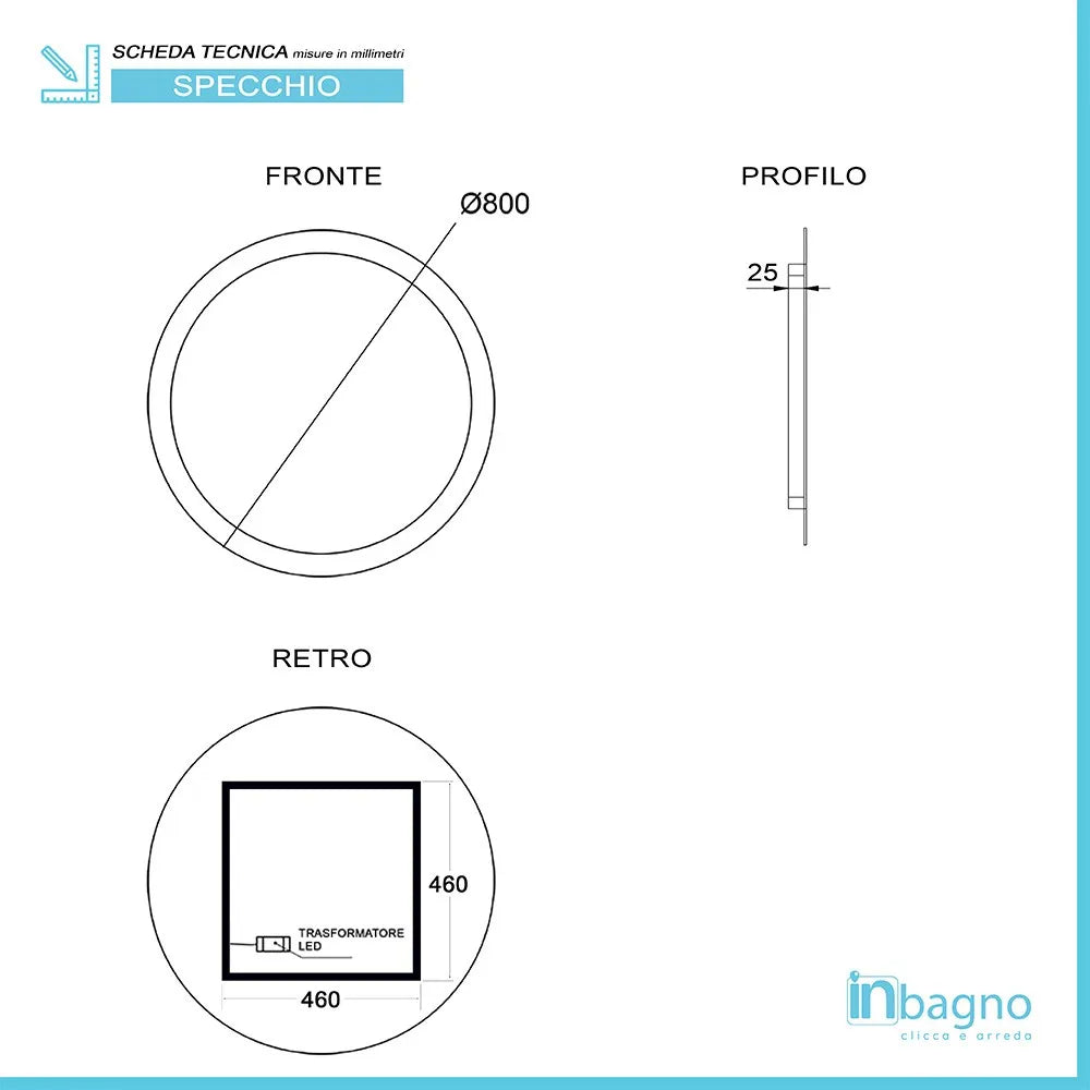 Specchio bagno 80 cm tondo con cornice LED serigrafata bianco naturale