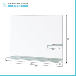 Specchio bagno 80x60 cm a filo lucido con mensole in vetro satinato