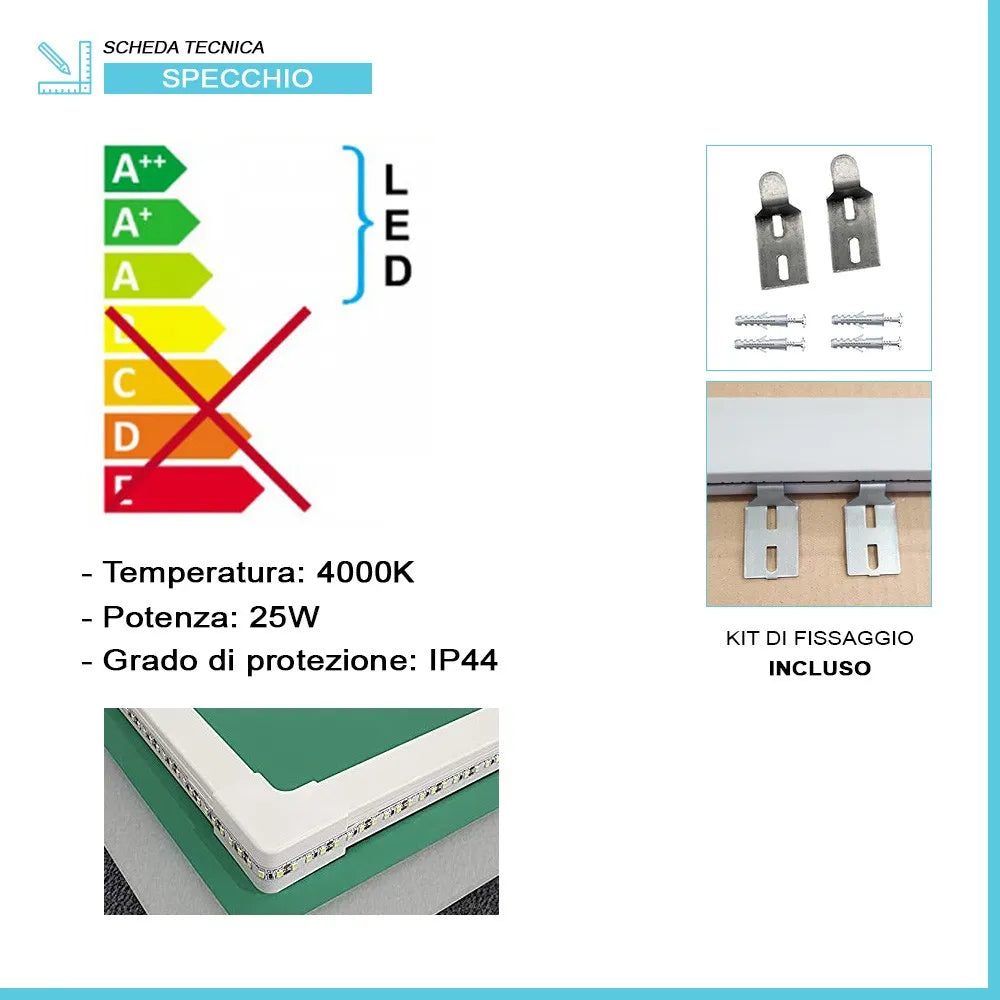 Specchio bagno 80x60 cm reversibile con cornice LED bianco naturale