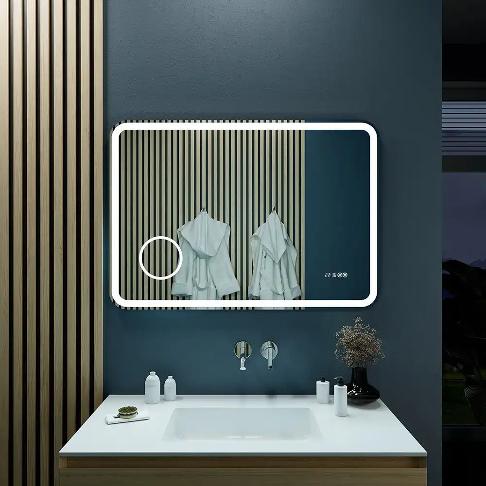 Specchio led bagno 70x100 cm touch-screen ingranditore orologio digitale e anti-appannamento | Kuma