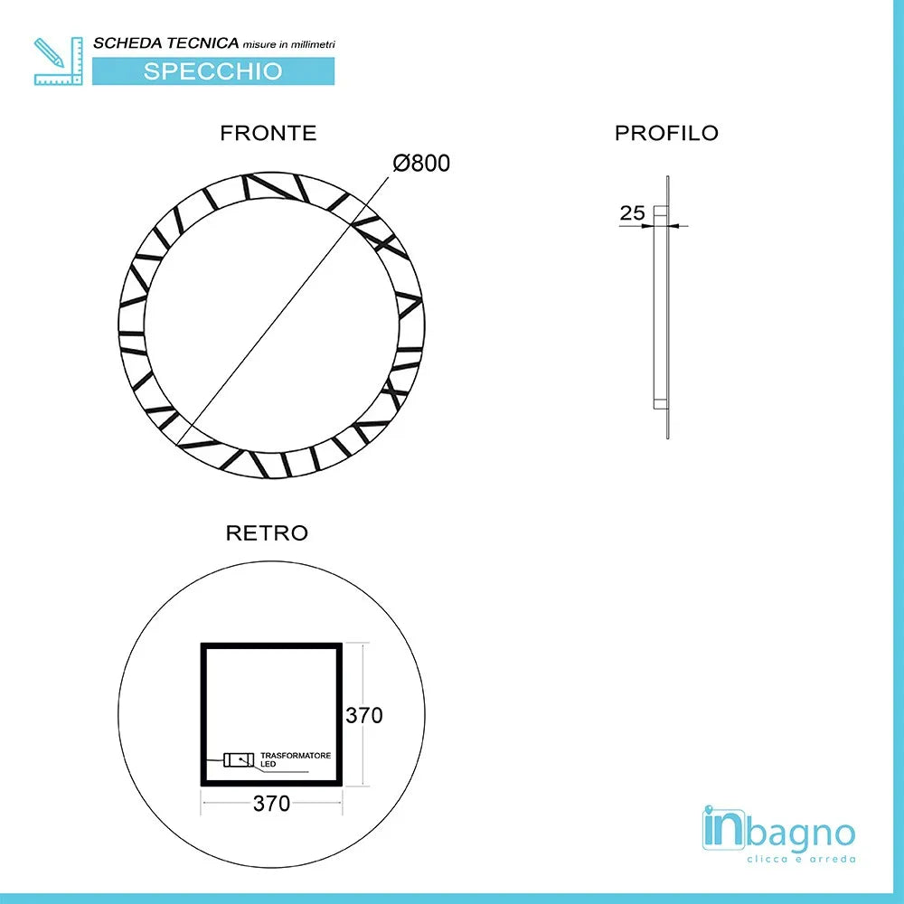 Specchio bagno tondo 80 cm con cornice LED retroilluminata e decorata
