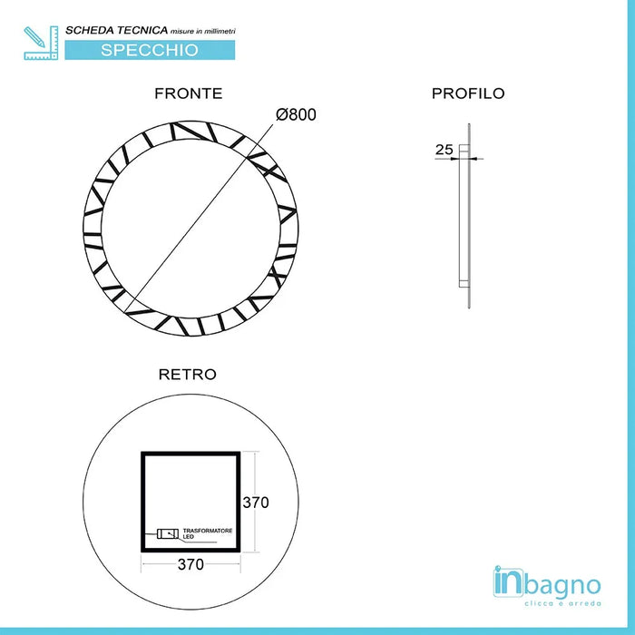 Specchio bagno tondo 80 cm con cornice LED retroilluminata e decorata