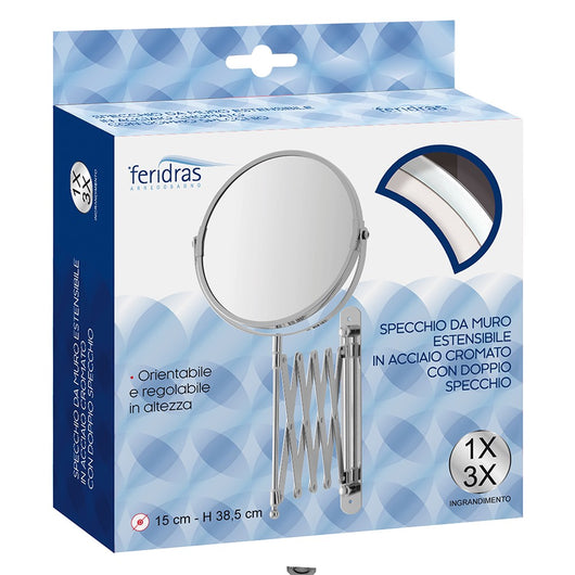 Specchio beauty a muro estensibile in acciaio cromo con ingrandimento