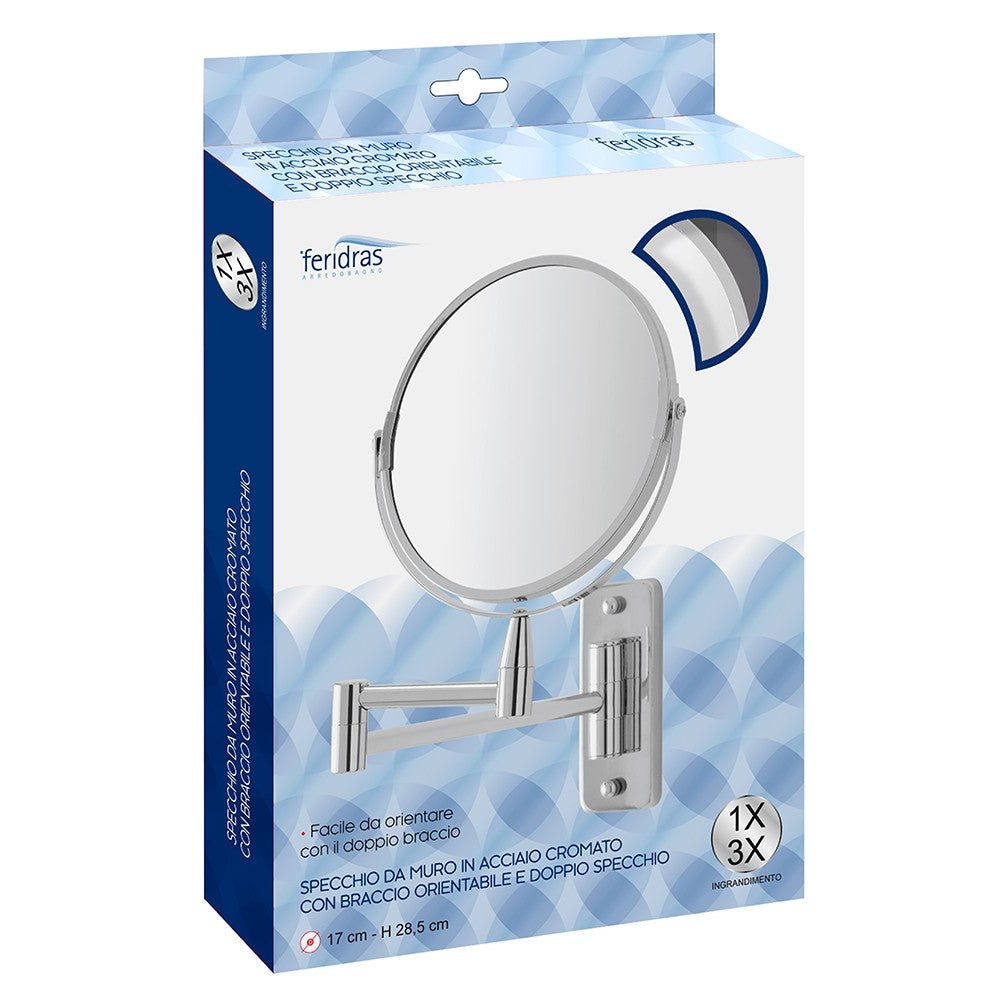 Specchio beauty a muro orientabile in acciaio cromo con ingrandimento