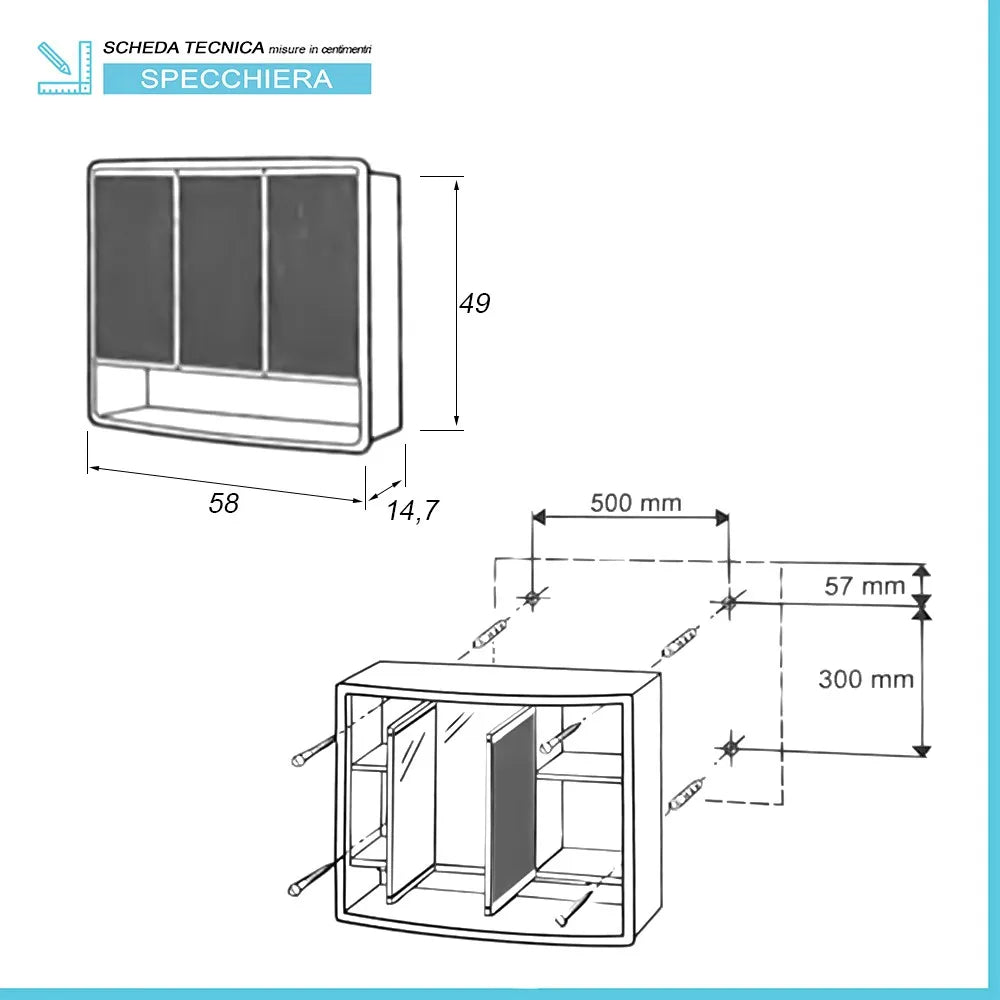 Specchio contenitore 60x50 cm bianco con 3 ante e ripiani interni