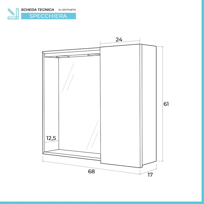 Specchio contenitore 68x61 cm bianco lucido con anta a destra e LED