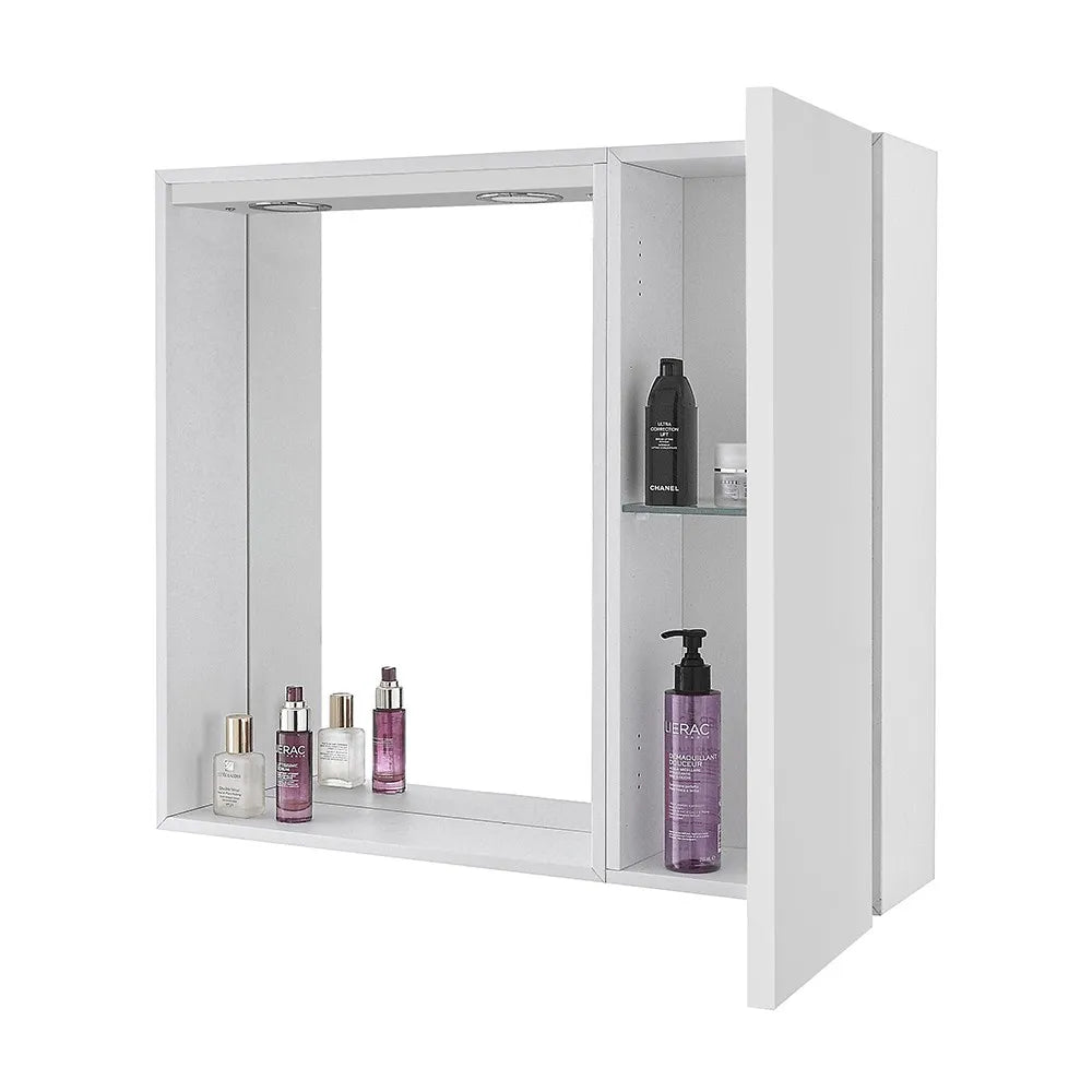 Specchio contenitore 68x61 cm bianco lucido con anta a destra e LED