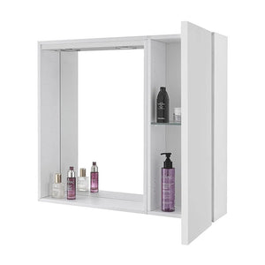 Specchio contenitore 68x61 cm bianco lucido con anta a destra e LED