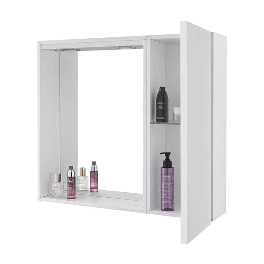 Specchio contenitore 68x61 cm bianco lucido con anta a destra e LED