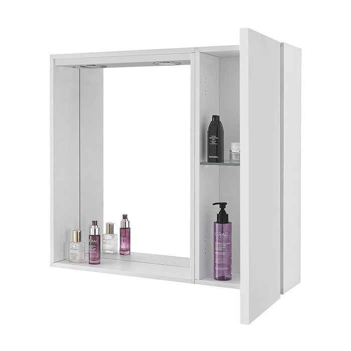 Specchio contenitore 68x61 cm bianco lucido con anta a destra e LED
