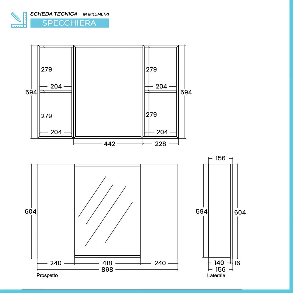 Specchio contenitore 90x60 cm bianco con LED e ripiani interni