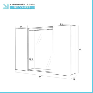 Specchio contenitore 91x61 cm grigio con pensili laterali e LED Desya