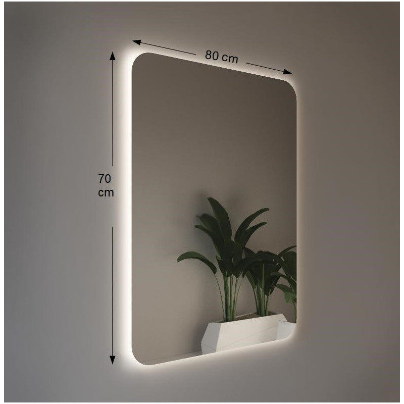 Specchio da Parete Retroilluminato a LED 80X70 spessore 4 mm,cm con Angoli Arrotondati 7mm