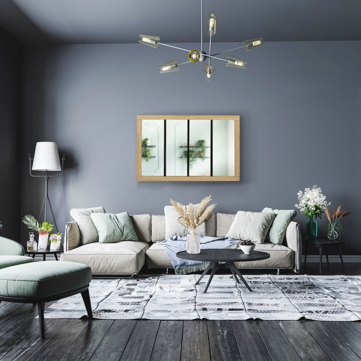 IDMarket - Specchio in vetro a 4 strisce Workshop con cornice in legno dal design industriale 110x70 cm