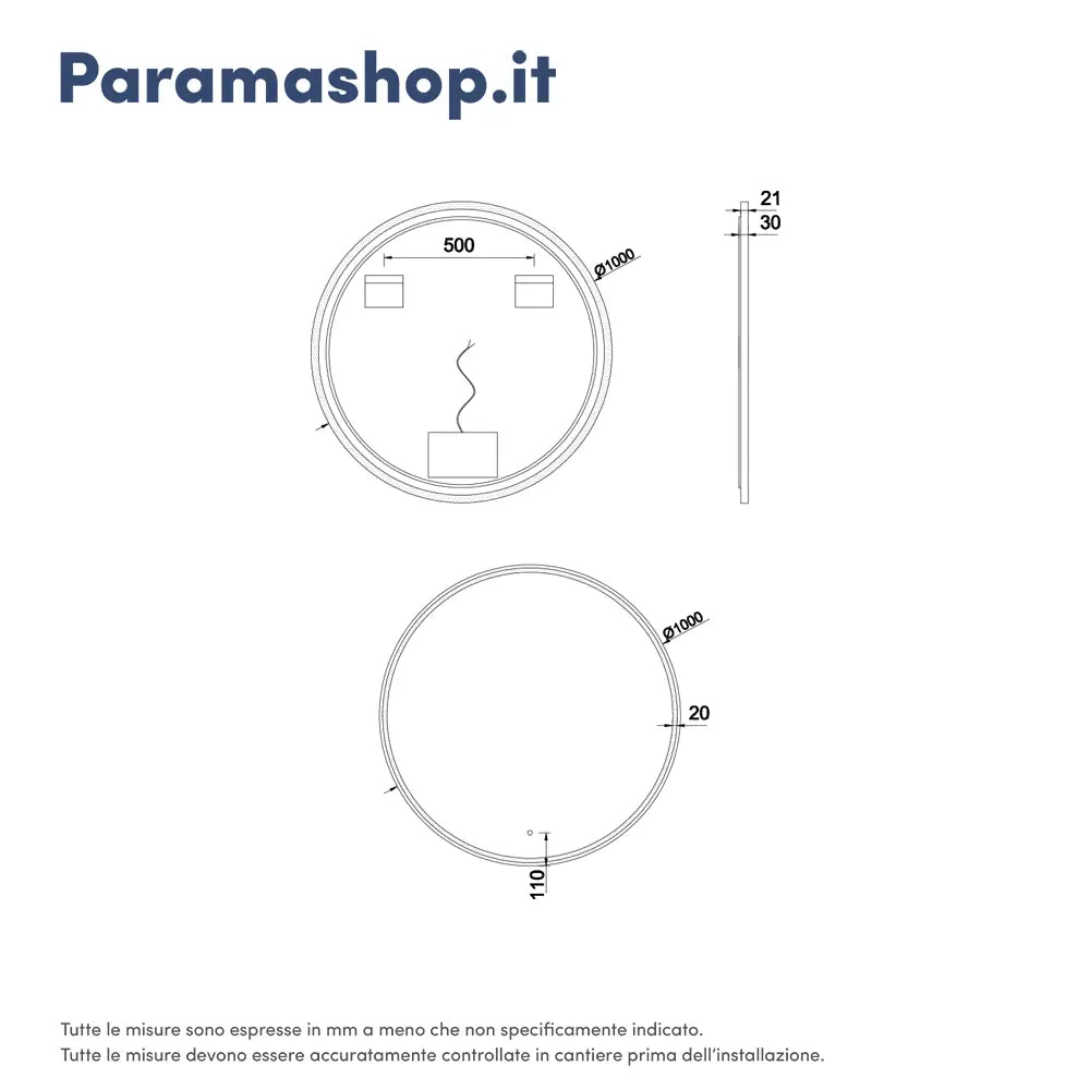 Specchio led tondo Ã˜ 100 cm con cornice nero opaco e sensore touch-screen