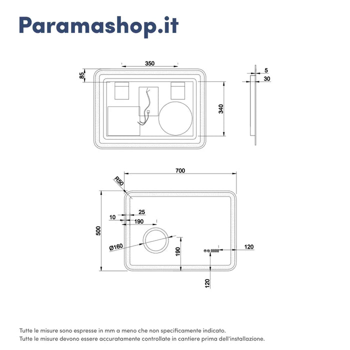 Specchio led bagno 50x70 cm touch-screen ingranditore orologio digitale e anti-appannamento | Kuma