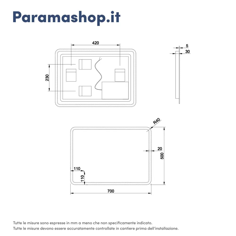 Specchio led bagno 50x70 cm reversibile con sensore touch-screen | Sham