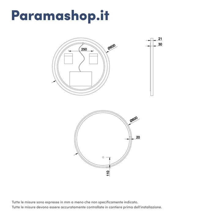 Specchio led tondo Ã˜ 60 cm con cornice nero opaco e sensore touch-screen