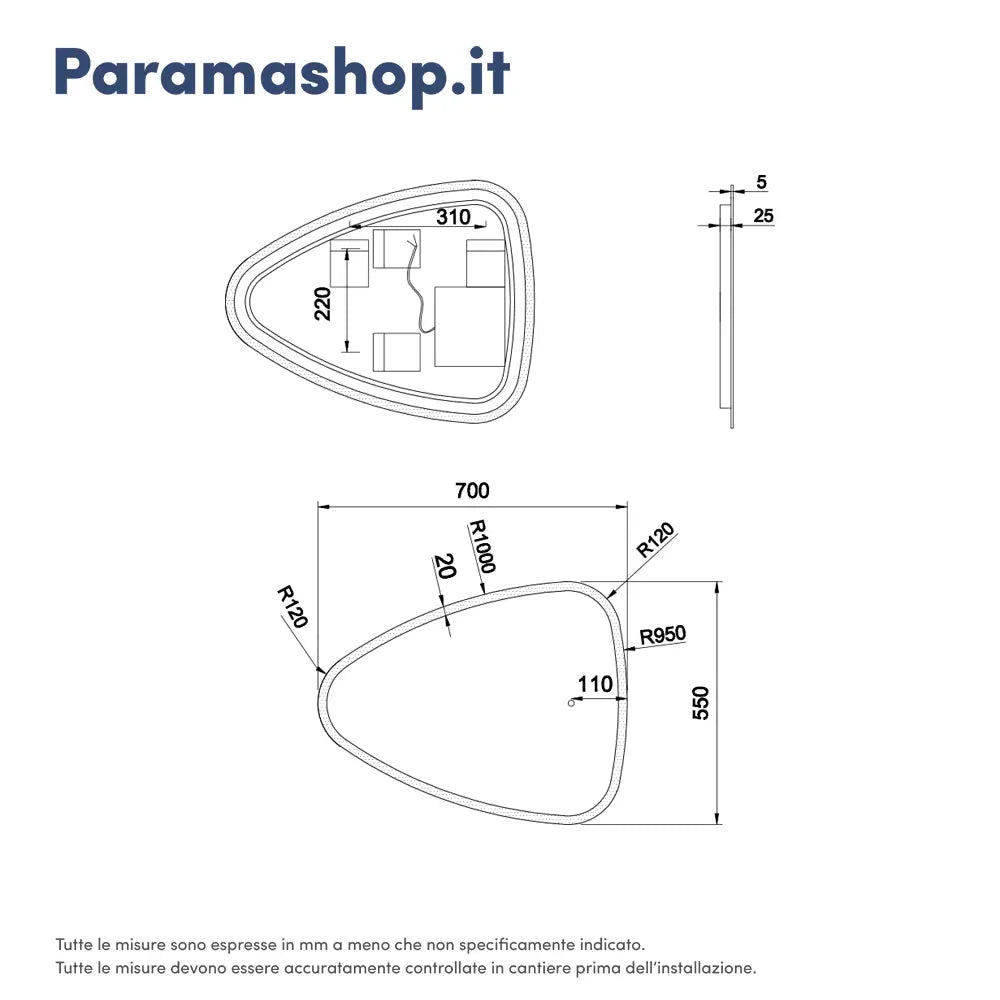 Specchio led bagno 70x55 cm reversibile con sensore touch-screen | Diadema