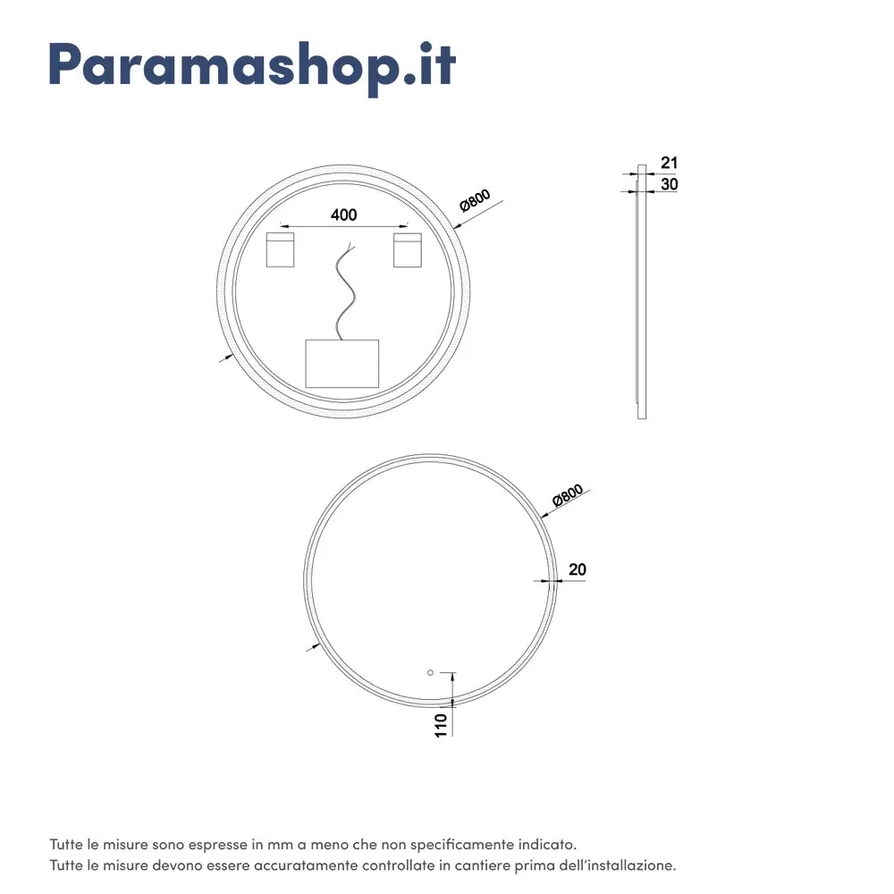Specchio led tondo Ã˜ 80 cm con cornice nero opaco e sensore touch-screen